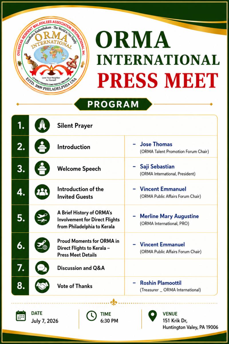 Press Meet by ORMA International on Flight Service to Kerala from Philadelphia